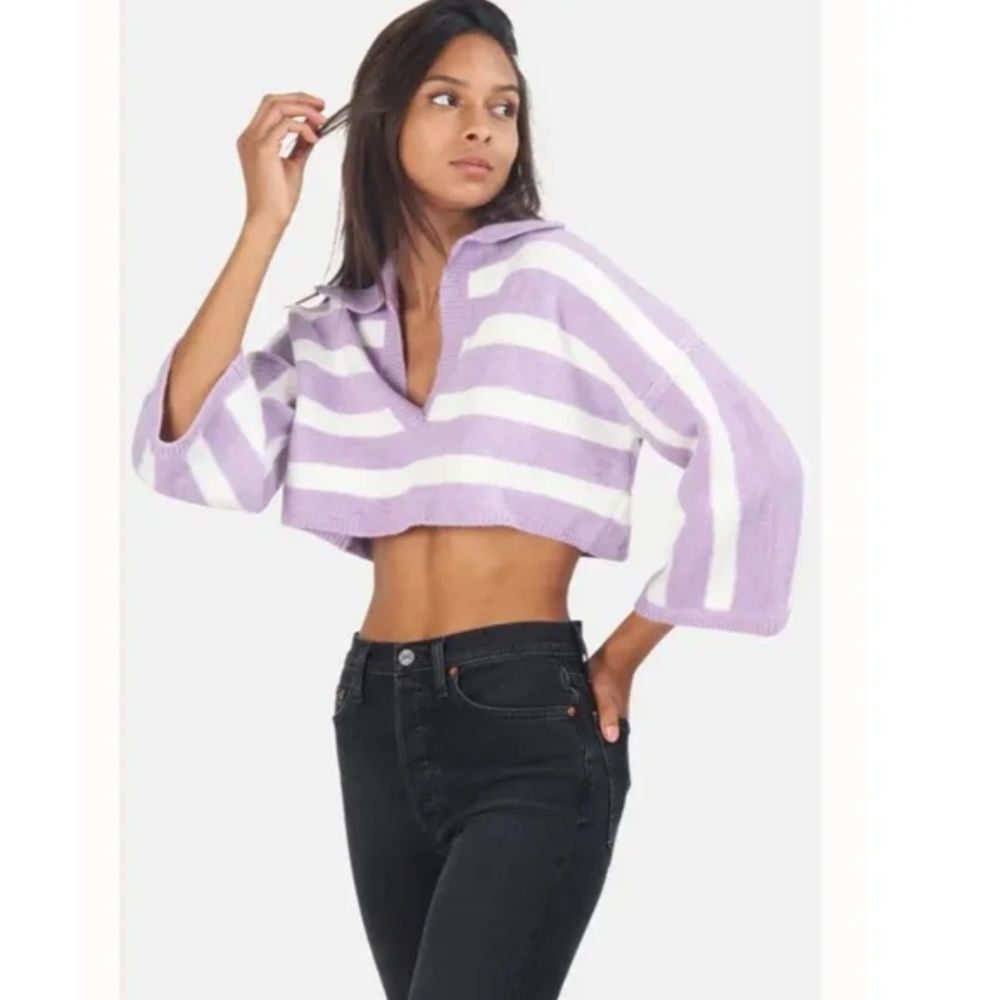 For Love And Lemons Maud Cropped Oversized Sweater Purple Striped NWT Size large - Picture 3 of 7